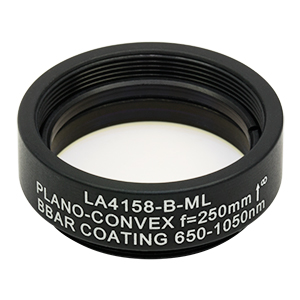 LA4158-B-ML - Ø1in UVFS Plano-Convex Lens, SM1-Threaded Mount, f = 250.0 mm, ARC: 650 - 1050 nm