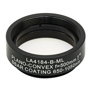 LA4184-B-ML - Ø1in UVFS Plano-Convex Lens, SM1-Threaded Mount, f = 500.0 mm, ARC: 650 - 1050 nm