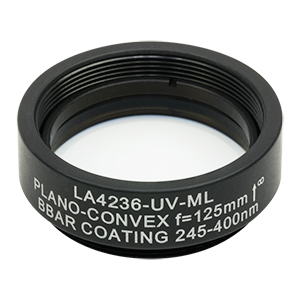 LA4236-UV-ML - Ø1in UVFS Plano-Convex Lens, SM1-Threaded Mount, f = 125.0 mm, ARC: 245-400 nm