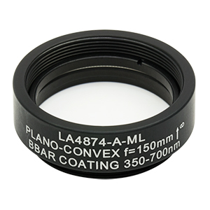 LA4874-A-ML - Ø1in UVFS Plano-Convex Lens, SM1-Threaded Mount, f = 150.0 mm, ARC: 350 - 700 nm