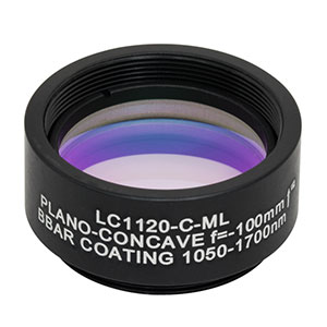 LC1120-C-ML - Ø1in N-BK7 Plano-Concave Lens, SM1-Threaded Mount, f = -100 mm, ARC: 1050-1700 nm