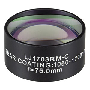LJ1703RM-C - f = 75.0 mm, Ø1in, N-BK7 Mounted Plano-Convex Round Cyl Lens, ARC: 1050 - 1700 nm