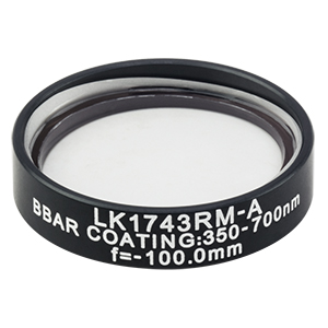 LK1743RM-A - f=-100.0 mm, Ø1in, N-BK7 Mounted Plano-Concave Round Cyl Lens, ARC: 350 - 700 nm