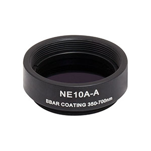 NE10A-A - Ø25 mm Absorptive Neutral Density Filter, SM1-Threaded Mount, ARC: 350 - 700 nm, OD: 1.0