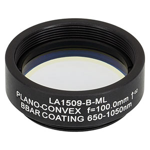 LA1509-B-ML - Ø1in N-BK7 Plano-Convex Lens, SM1-Threaded Mount, f = 100 mm, ARC: 650-1050 nm