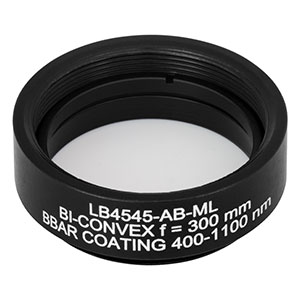 LB4545-AB-ML - f = 300 mm, Ø1in Mounted UV Fused Silica Bi-Convex Lens, AR Coating: 400 - 1100 nm