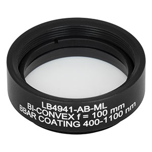 LB4941-AB-ML - f = 100 mm, Ø1in Mounted UV Fused Silica Bi-Convex Lens, AR Coating: 400 - 1100 nm