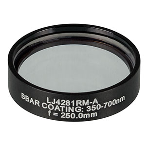 LJ4281RM-A - f = 250.0 mm, Ø1in, UVFS Mounted Plano-Convex Round Cyl Lens, ARC: 350 - 700 nm