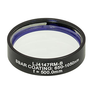 LJ4147RM-B - f = 500.0 mm, Ø1in, UVFS Mounted Plano-Convex Round Cyl Lens, ARC: 650 - 1050 nm