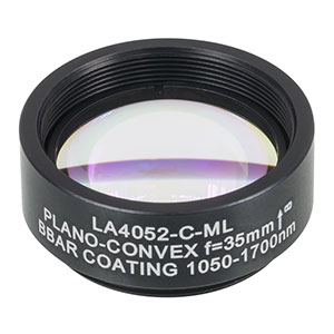 LA4052-C-ML - Ø1in UVFS Plano-Convex Lens, SM1-Threaded Mount, f = 35.0 mm, ARC: 1050 - 1700 nm