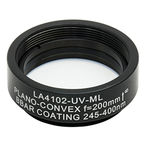 LA4102-UV-ML - Ø1in UVFS Plano-Convex Lens, SM1-Threaded Mount, f = 200.0 mm, ARC: 245-400 nm