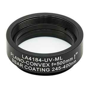 LA4184-UV-ML - Ø1in UVFS Plano-Convex Lens, SM1-Threaded Mount, f = 500.0 mm, ARC: 245-400 nm
