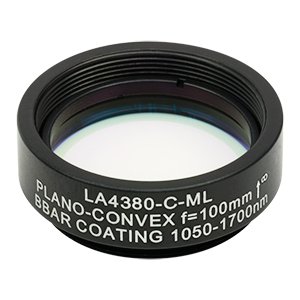 LA4380-C-ML - Ø1in UVFS Plano-Convex Lens, SM1-Threaded Mount, f = 100.0 mm, ARC: 1050 - 1700 nm