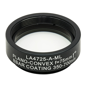 LA4725-A-ML - Ø1in UVFS Plano-Convex Lens, SM1-Threaded Mount, f = 75.0 mm, ARC: 350 - 700 nm