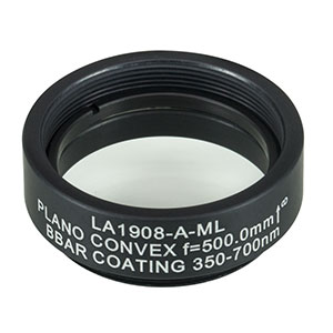 LA1908-A-ML - Ø1in N-BK7 Plano-Convex Lens, SM1-Threaded Mount, f = 500 mm, ARC: 350-700 nm