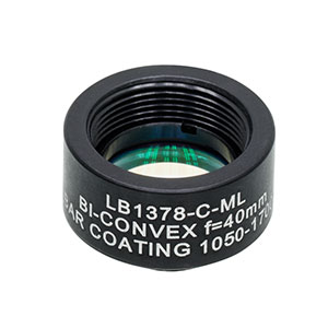 LB1378-C-ML - Mounted N-BK7 Bi-Convex Lens, Ø1/2in, f = 40.0 mm, ARC: 1050 - 1700 nm