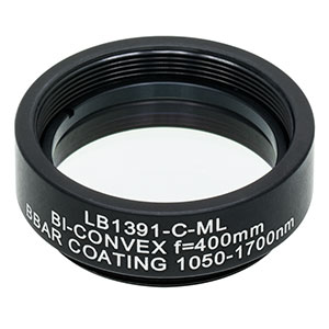 LB1391-C-ML - Mounted N-BK7 Bi-Convex Lens, Ø1in, f = 400.0 mm, ARC: 1050 - 1700 nm