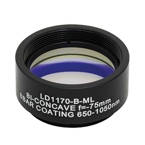 LD1170-B-ML - Ø1in N-BK7 Bi-Concave Lens, SM1-Mounted, f =-75 mm, ARC: 650-1050 nm