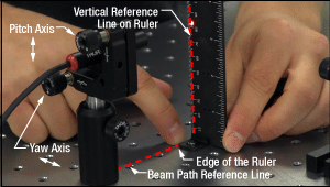 Using a ruler to align a beam with respect to a row of tapped holes in an optical table.