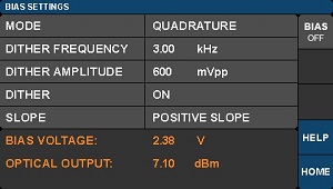 LiNbO3 EO Modulator Driver Bias Settings Screen